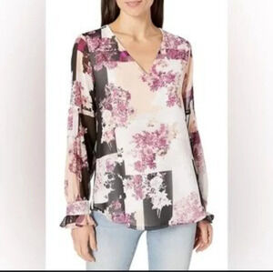 CALVIN KLEIN Floral Colorblock Oversized Blouse SZ XS